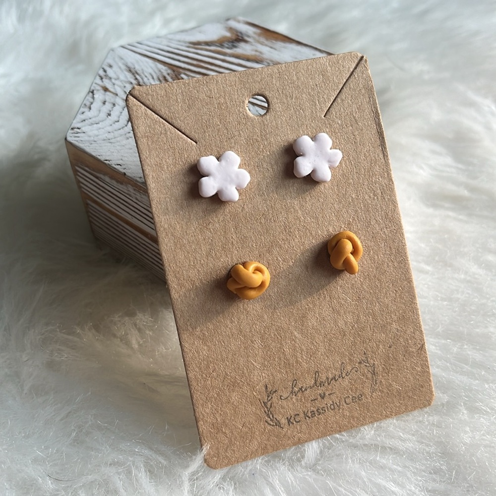 White Flower + Yellow Knot Stud Polymer Clay Earrings